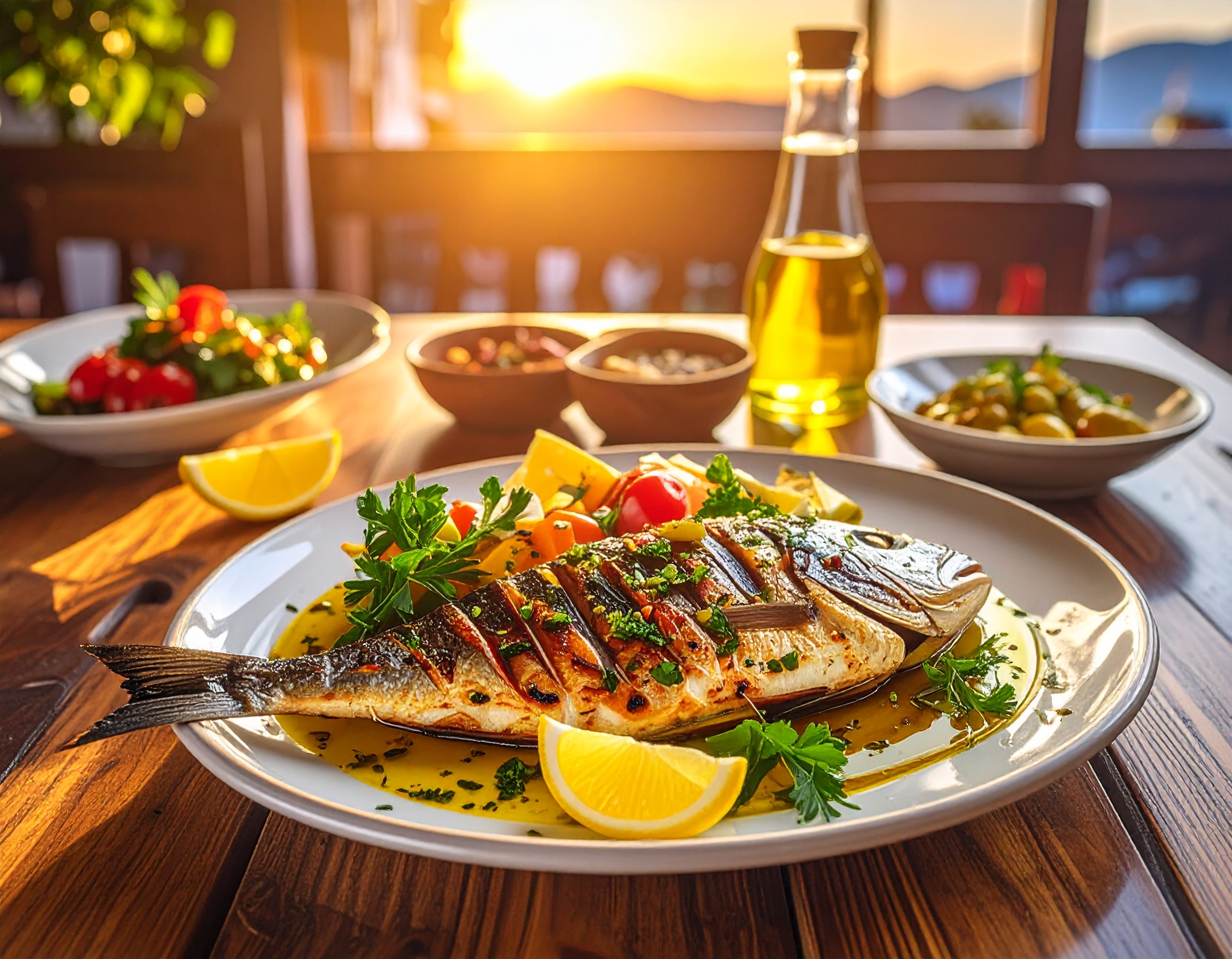 Firefly_Artistic Turkish seafood presentation — colorful mezes and perfectly plated grilled f 922711